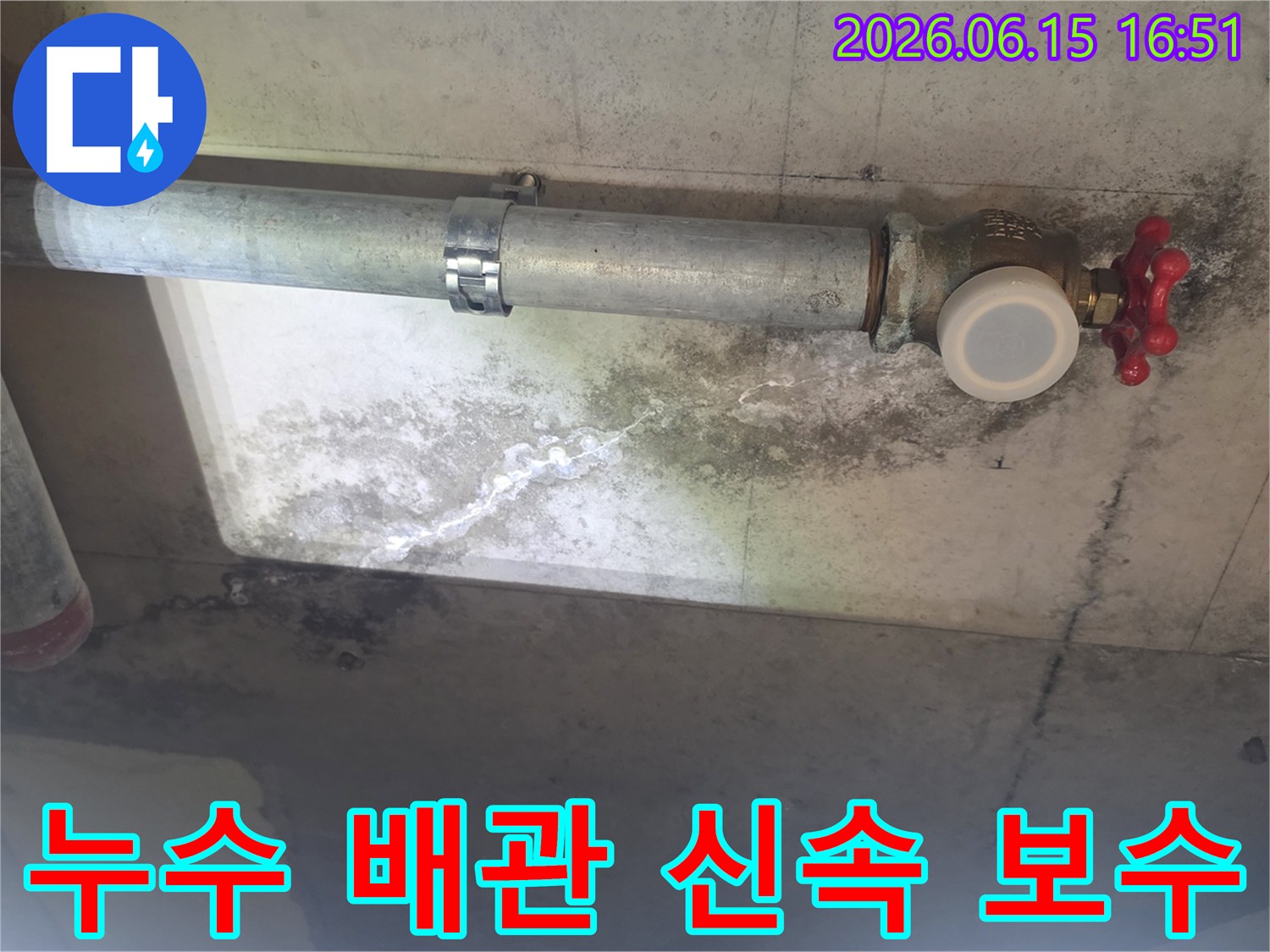 이 사진은 낡은 배관에서 물이 새어-천장 콘크리트에 스며들어-하얀 물 자국과-검은 곰팡이가 생긴 모습입니다