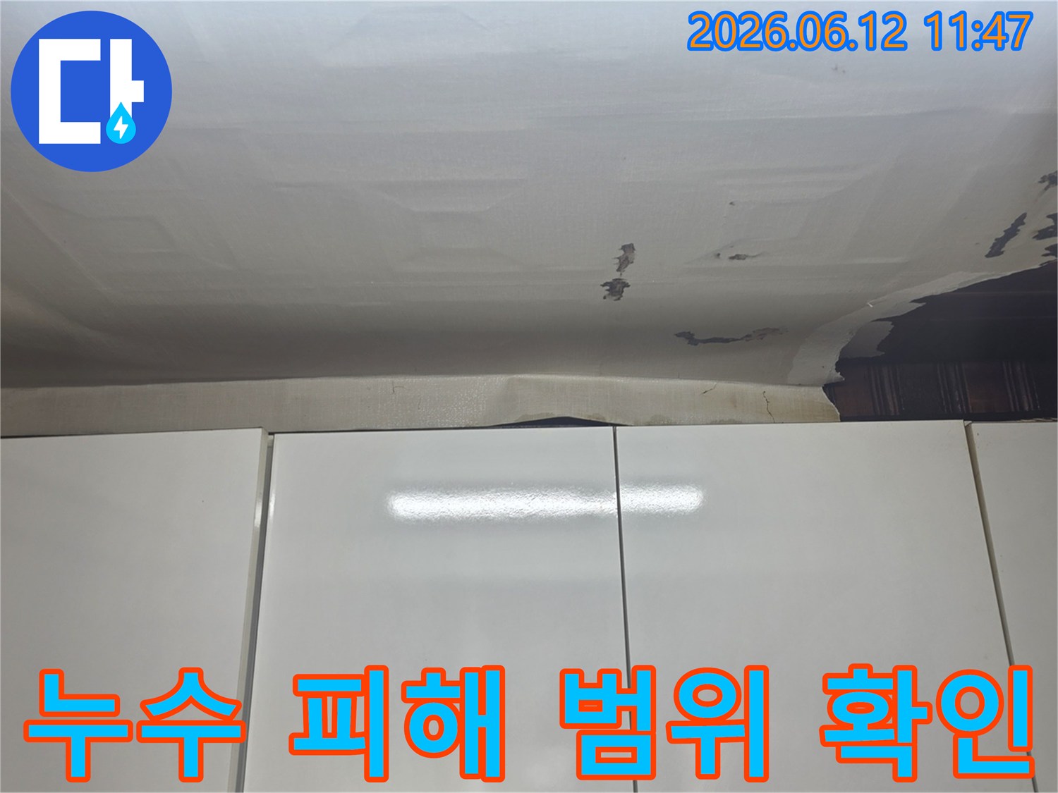 성남-수정구-수진동 주택 천장에서 발견된-누수 흔적과-벽지 훼손 상태를-기록한 사진입니다