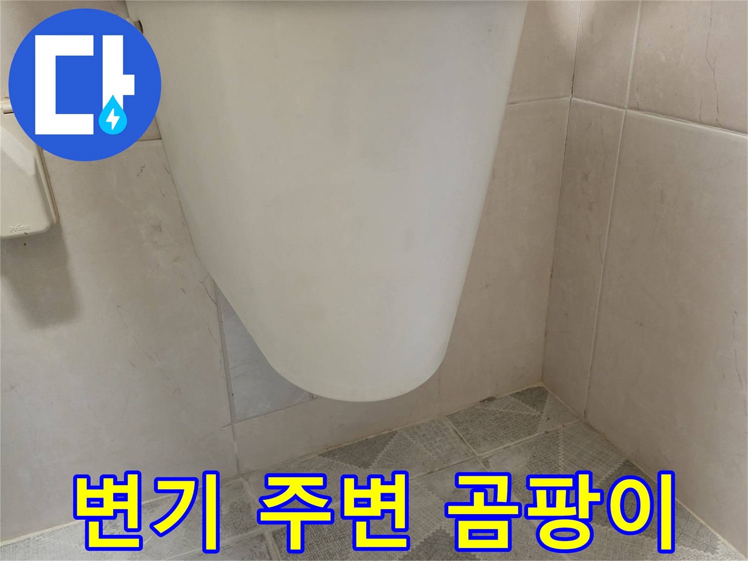 변기 하단부와 벽면 타일 경계에 발생한 곰팡이로-지속적인 습기와 누수를 암시합니다.