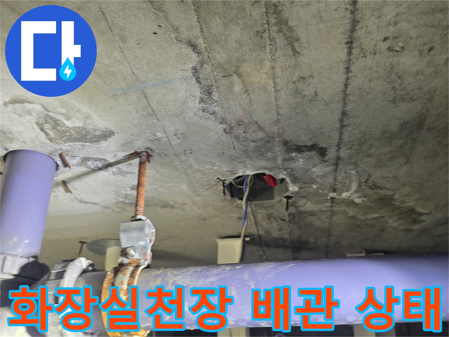 화성 향남 아파트 화장실 천장 내부의 보라색 배관과 슬래브 균열 부위 모습