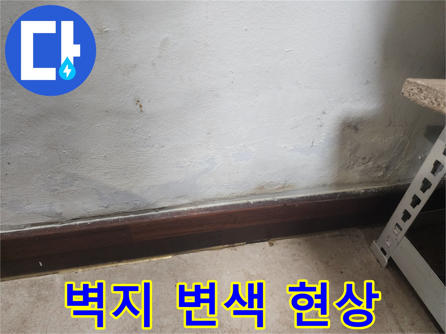 벽 하단부에 물이 스며들어 벽지가 젖고 곰팡이가 피어있는 누수 피해 현장 사진입니다.