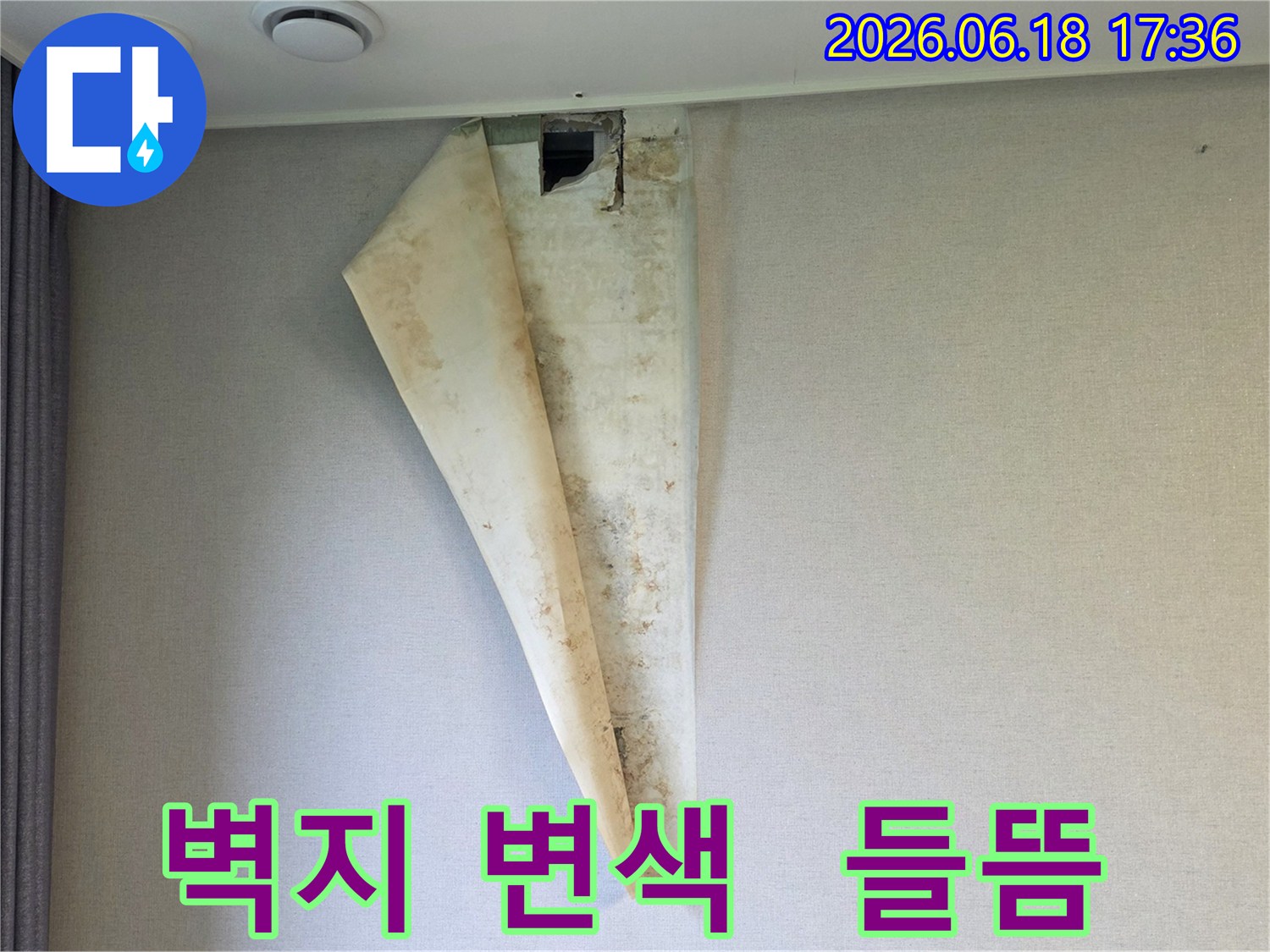 누수로 인해 벽지가 변색되고-들뜨면서-안쪽에 곰팡이가 발생한 주택 벽면