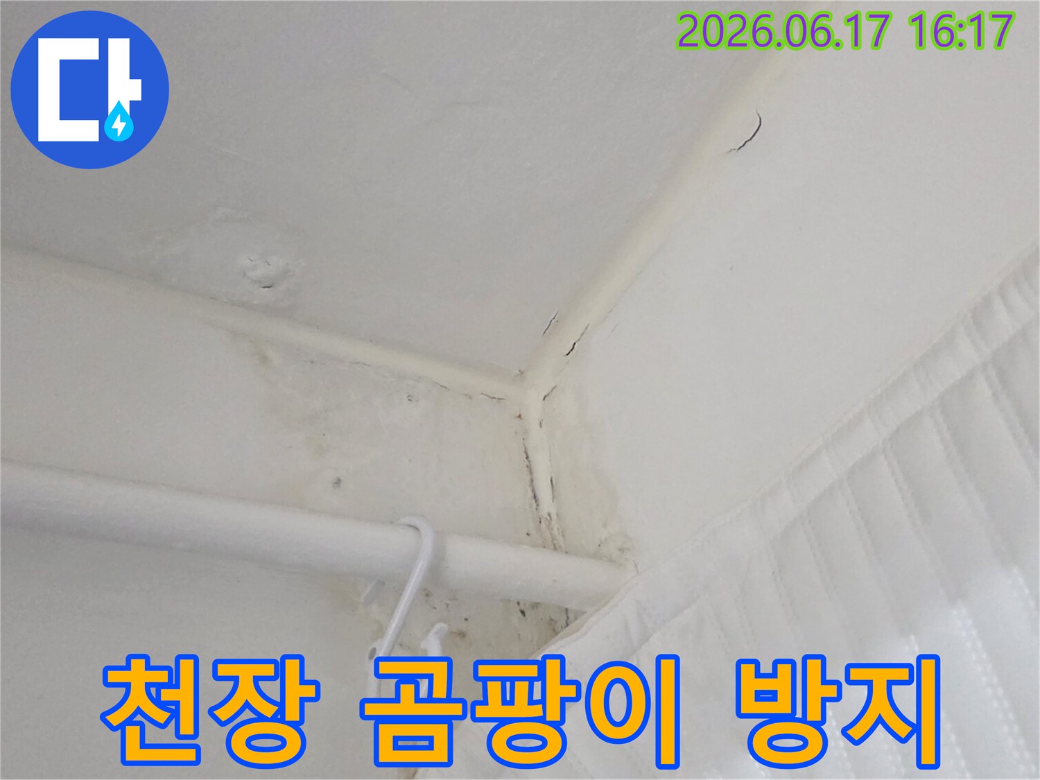 천장-모서리에-발생한-물자국과-곰팡이를-보여주며-누수-후-곰팡이-제거와-방지가-필요함을-나타내는-사진입니다.