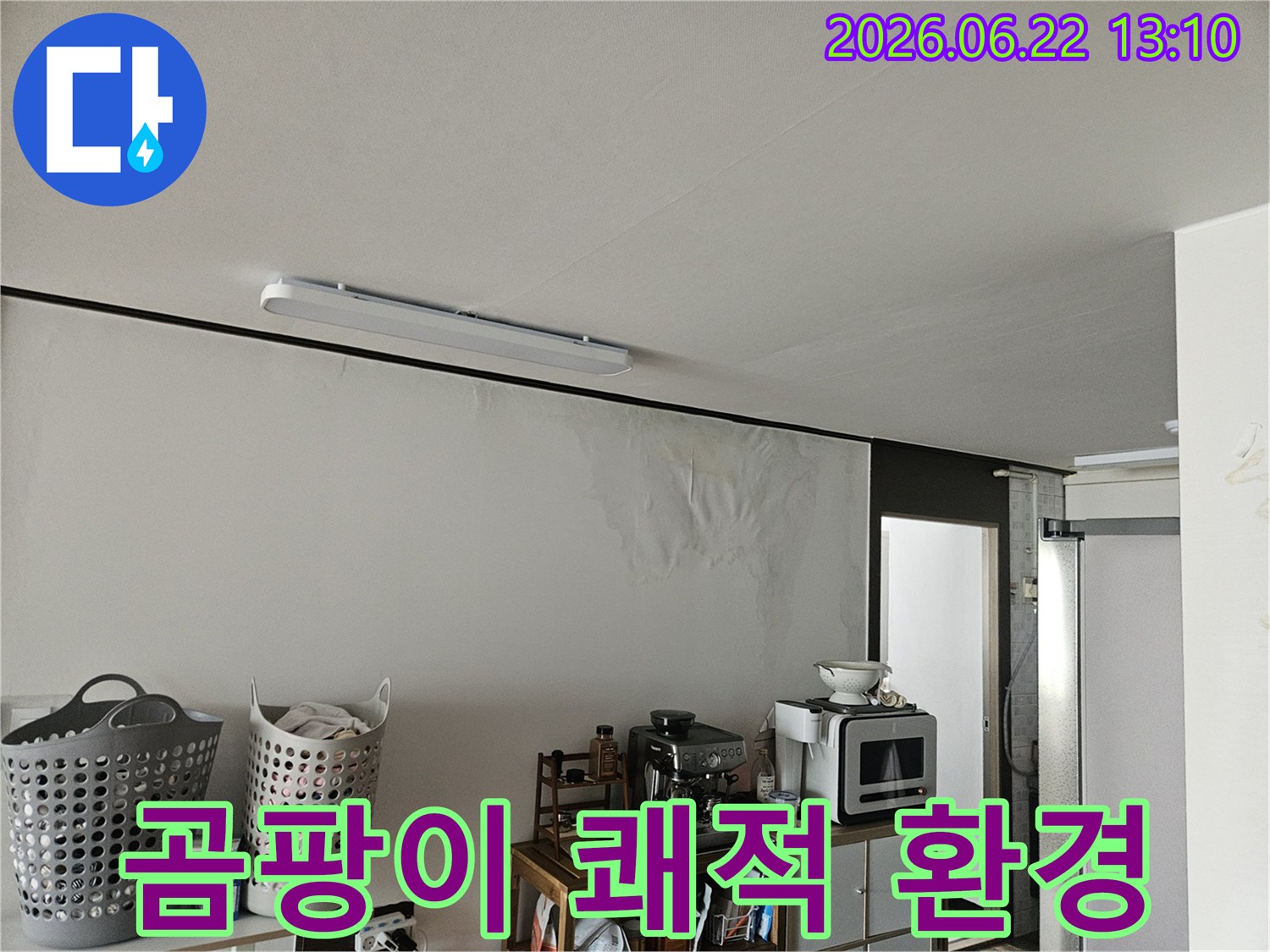 벽면의 넓은 부위가 누수로 인해 젖어있고-벽지가 울퉁불퉁하게 변형된 상태를 보여주는 주거 공간의 모습입니다.