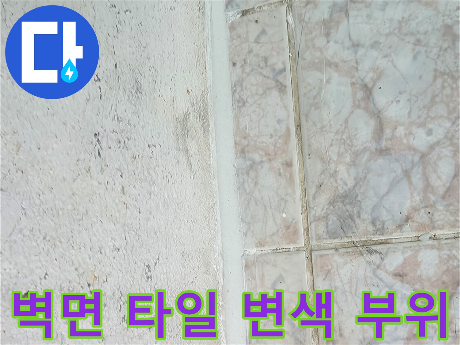 인창동 현장-물기에 의한 벽면 변색과 타일 틈새 오염