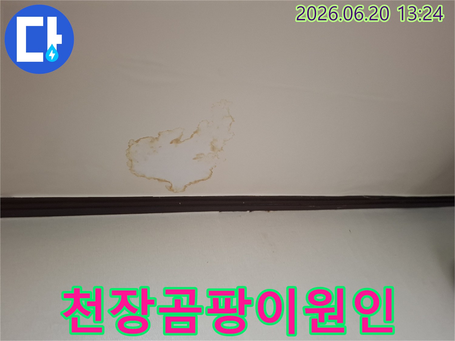천장에-발생한-누수-얼룩과-함께-곰팡이가-번지고-있는-심각한-피해-현장-사진입니다.