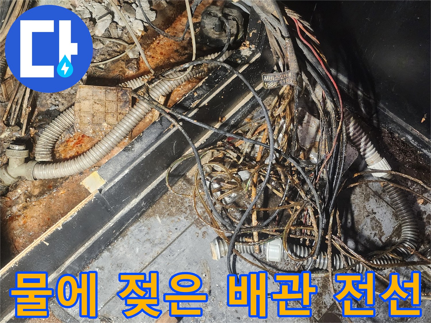 누수-엔지니어가-물에-젖어-부식된-배관과-전선이-복잡하게-얽혀있는-현장을-꼼꼼히-점검하고-있습니다
