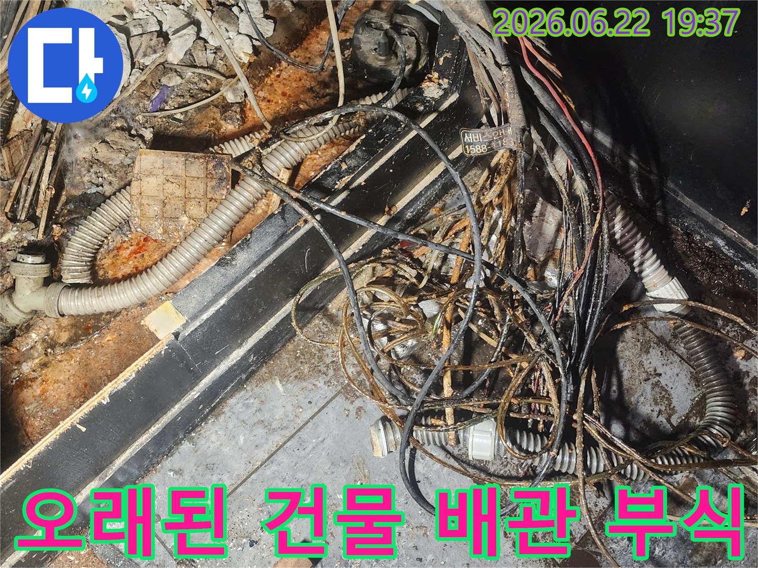 누수-엔지니어가-오래된-건물의-배관-부식-현장에서-물에-젖고-복잡하게-얽힌-배관과-전선들을-정밀하게-조사하고-있습니다
