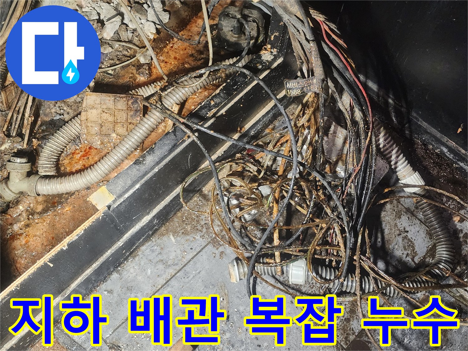 누수-엔지니어가-지하-배관의-복잡한-누수-현장에서-물에-젖고-부식된-배관과-전선들을-정밀하게-조사하고-있습니다