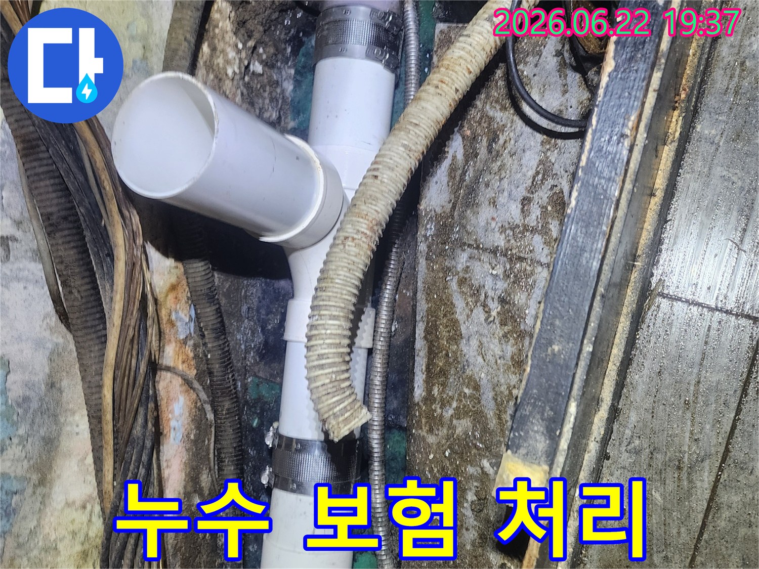 누수로-손상된-배관을-새로운-PVC-배관으로-교체하고-보험-처리를-위한-증거를-확보하는-현장-사진