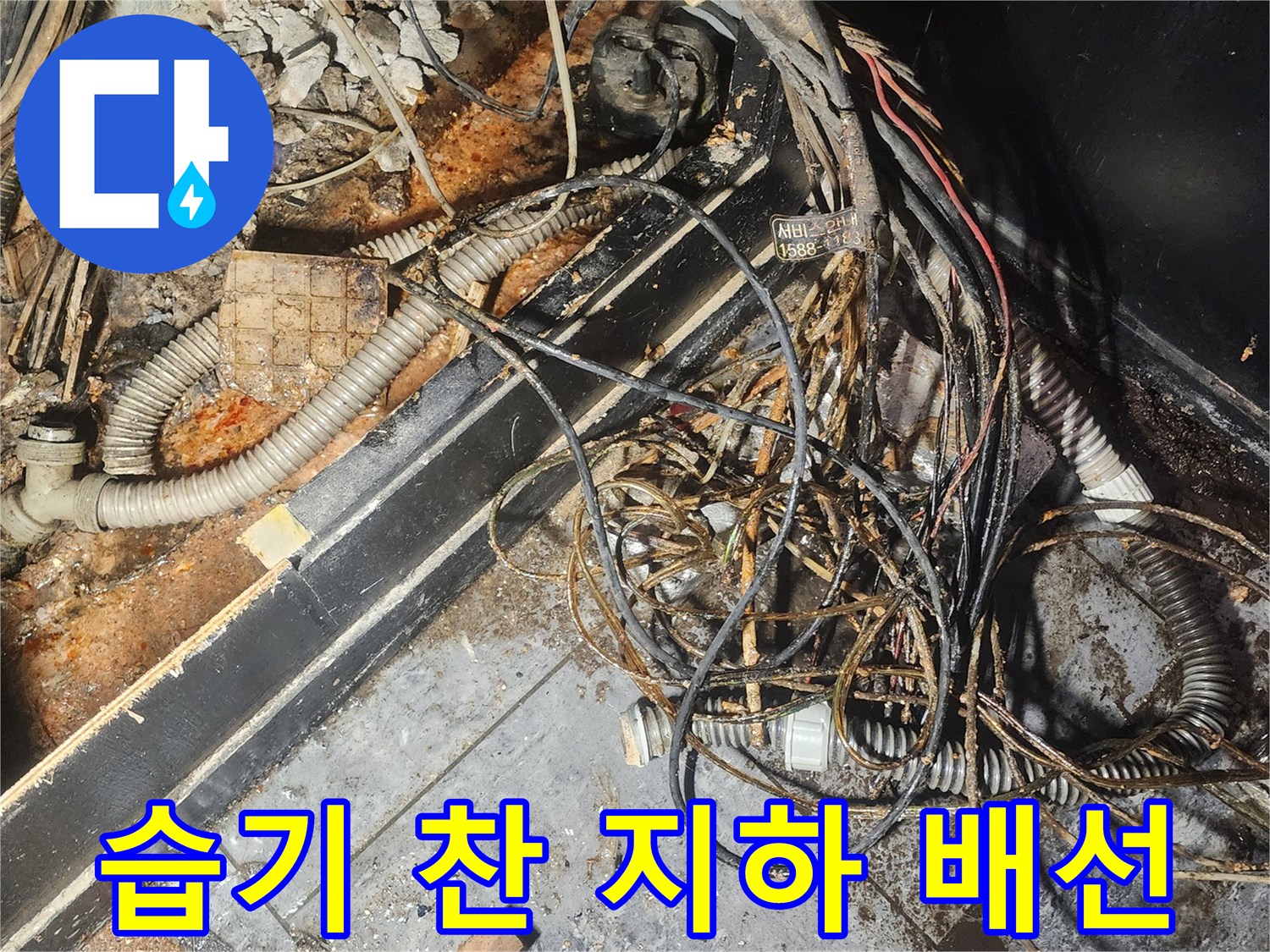 습기와-녹으로-가득한-지하-바닥에-흩어진-전선과-배관-잔해들-누수-문제가-심각합니다