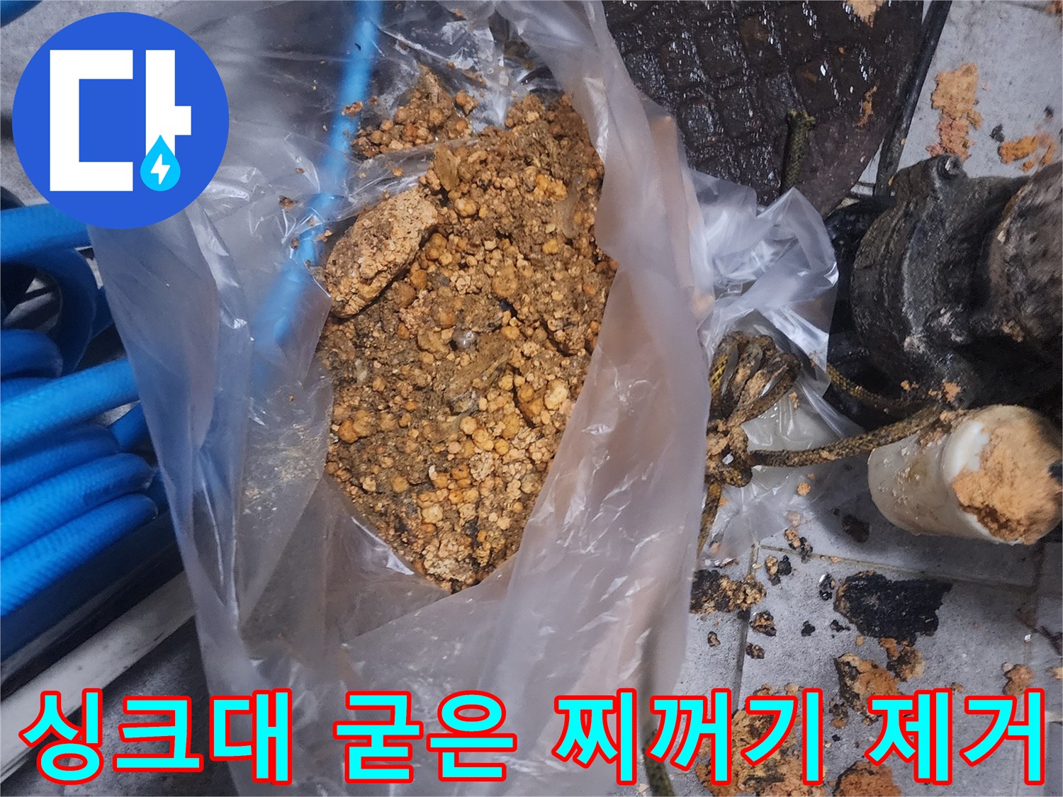 싱크대 배수구에서 제거된-단단하게 굳은 찌꺼기와-이물질이 담긴 봉투 사진