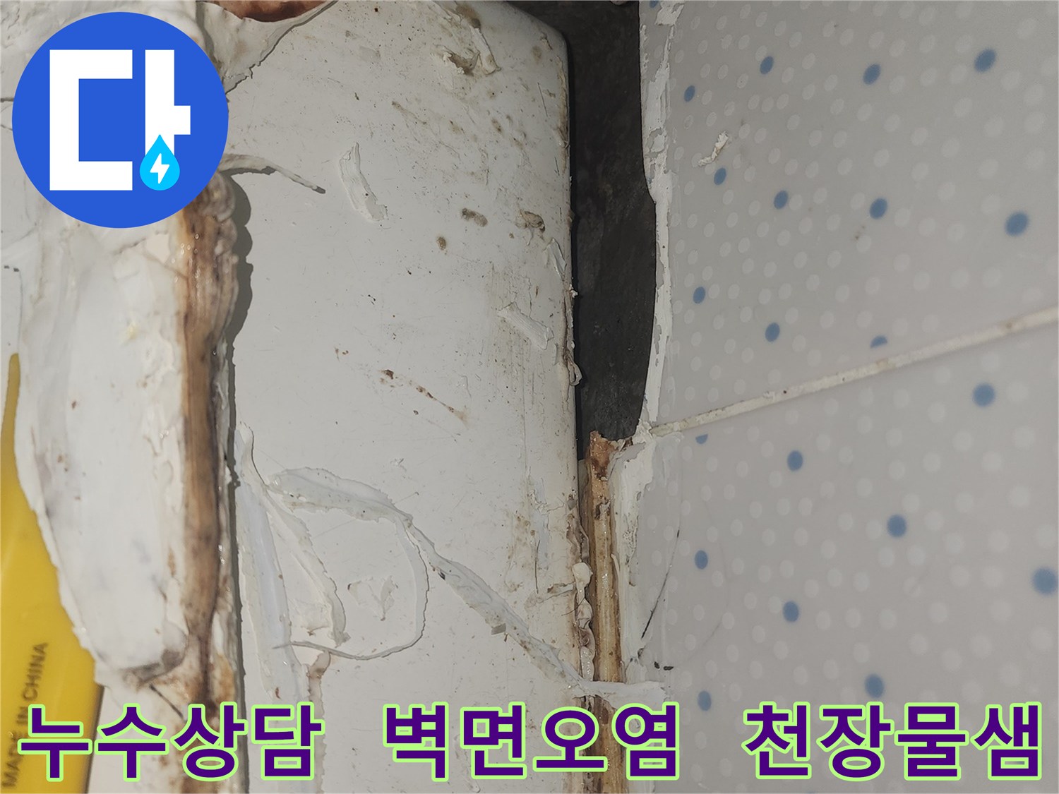 누수로-인해-오염된-천장-모서리-부분의-벽면을-무료-진단-후-상담이-필요한-현장