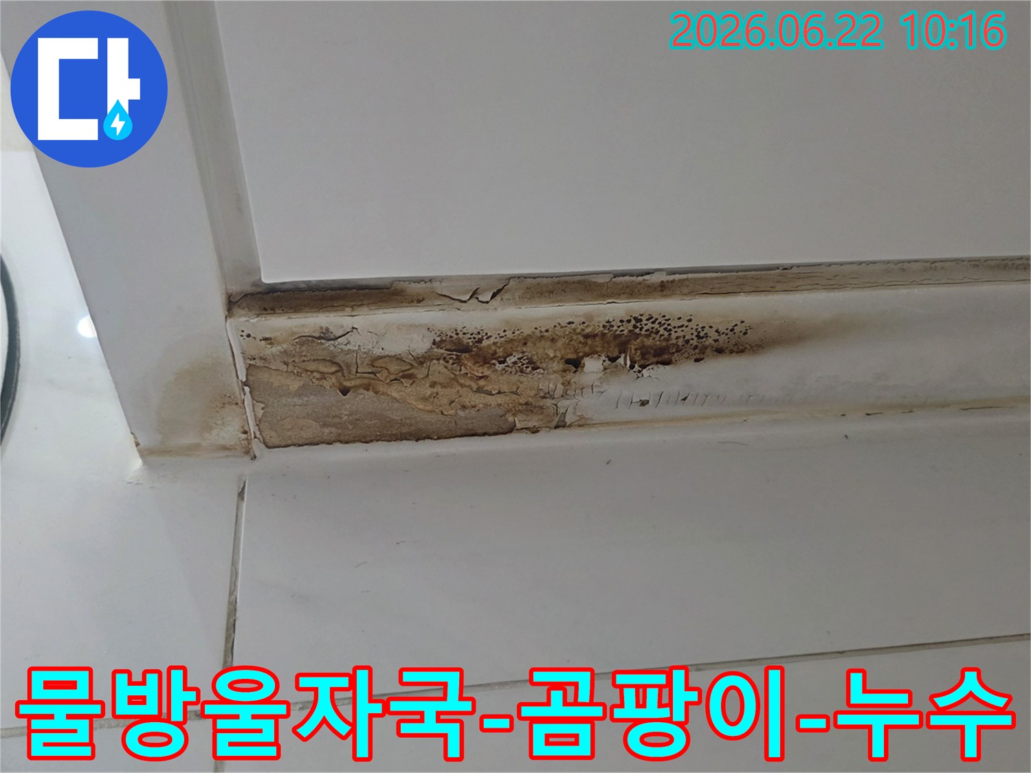 천장-모서리에-발생한-물방울-자국과-곰팡이-누수로-인한-벽면-손상-모습