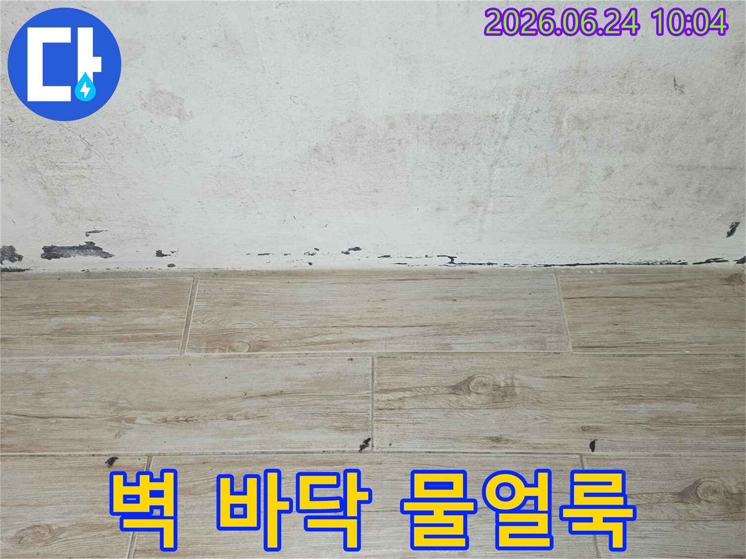 벽과-바닥-타일-경계에-생긴-물얼룩과-손상된-부분을-촬영한-사진입니다