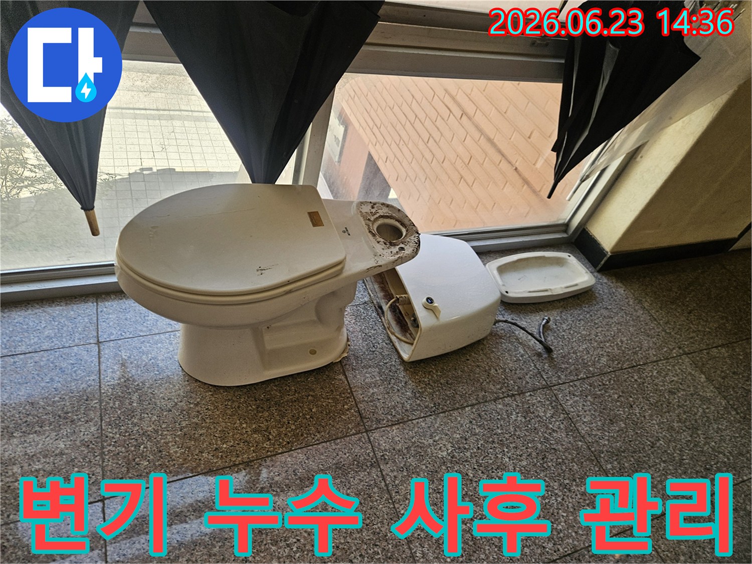 파손된-변기에서-발생한-누수-공사-후-전문가가-꼼꼼하게-사후-관리를-진행하는-모습