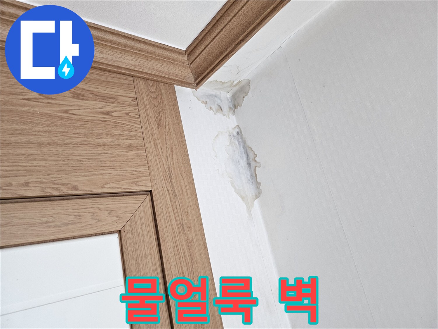 물에 젖어-변색된 벽지와-천장 모서리의-누수 흔적을-담은 사진.