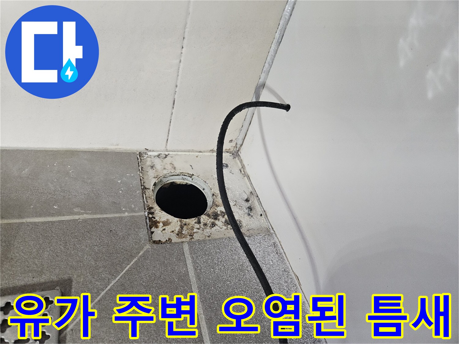 배수구 유가와 타일 접합부의 심한 오염 상태