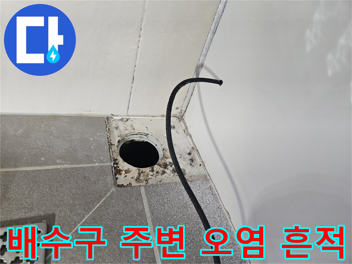 유가 탈거 후 드러난 배수구 주변의 찌든 때와 오염된 타일 면