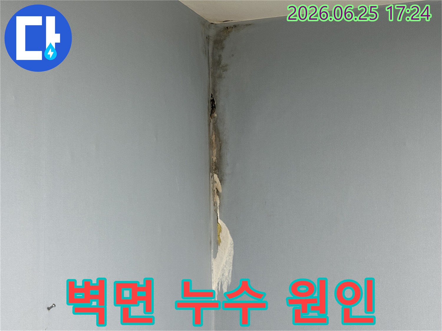 아파트-벽면-코너에서-발생한-누수로-인해-벽지가-젖어-들뜨고-심한-곰팡이가-피어난-손상-상태를-보여주는-사진입니다