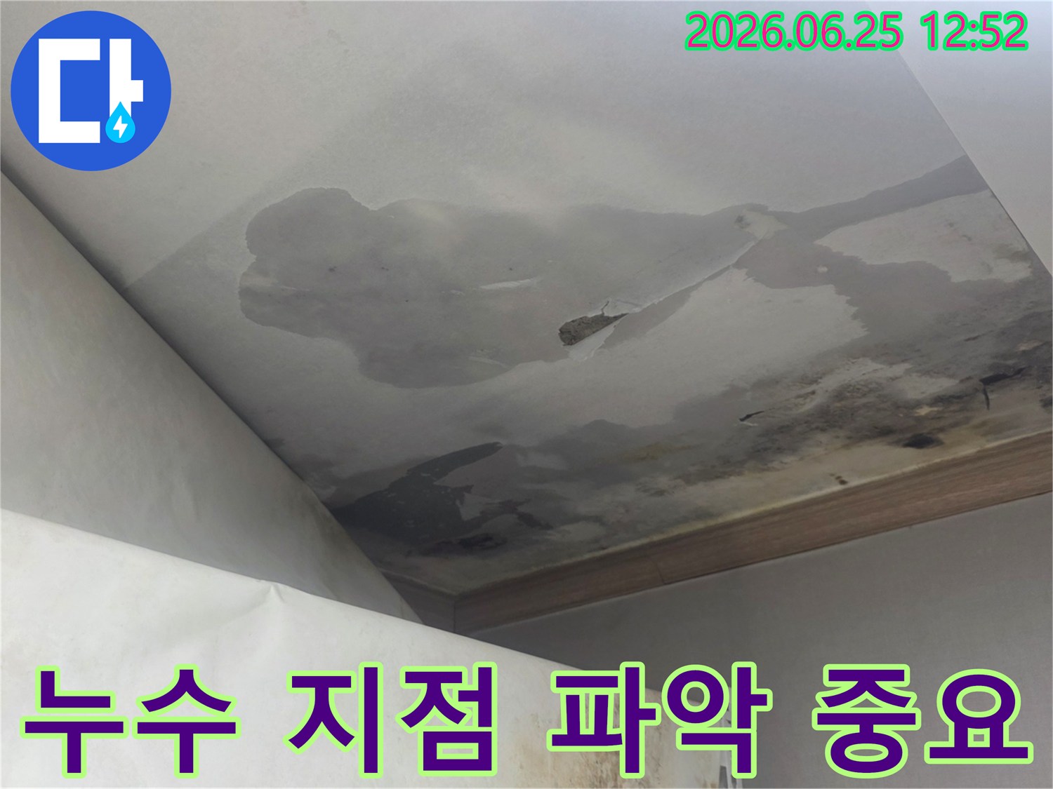 천장 누수로 인해 물에 젖고 변색된 천장 마감재-정확한 누수 지점 파악이 시급한 현장