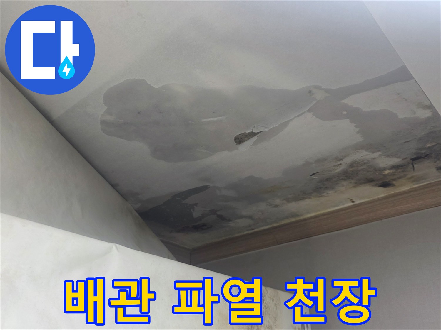 천장 마감재의 심각한 파손과-대규모 물 흔적은-배관 파열로 인한 대규모 누수 피해를 보여줍니다.