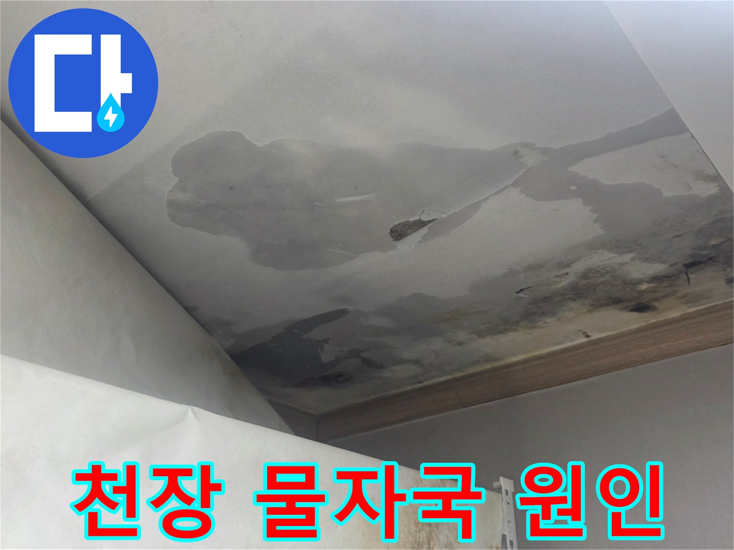 천장에 선명하게 남은 물자국과-젖어있는 마감재는-윗집 누수로 인한 피해의 증거입니다.