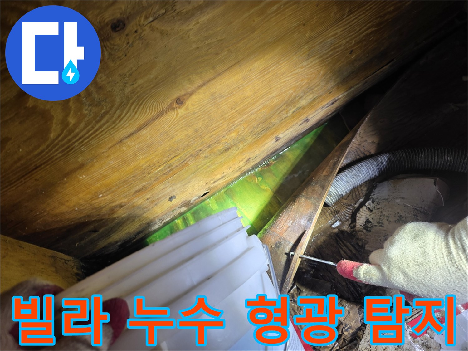 천장 틈새로 스며든 형광물질이 누수 경로를 보여주는 장면