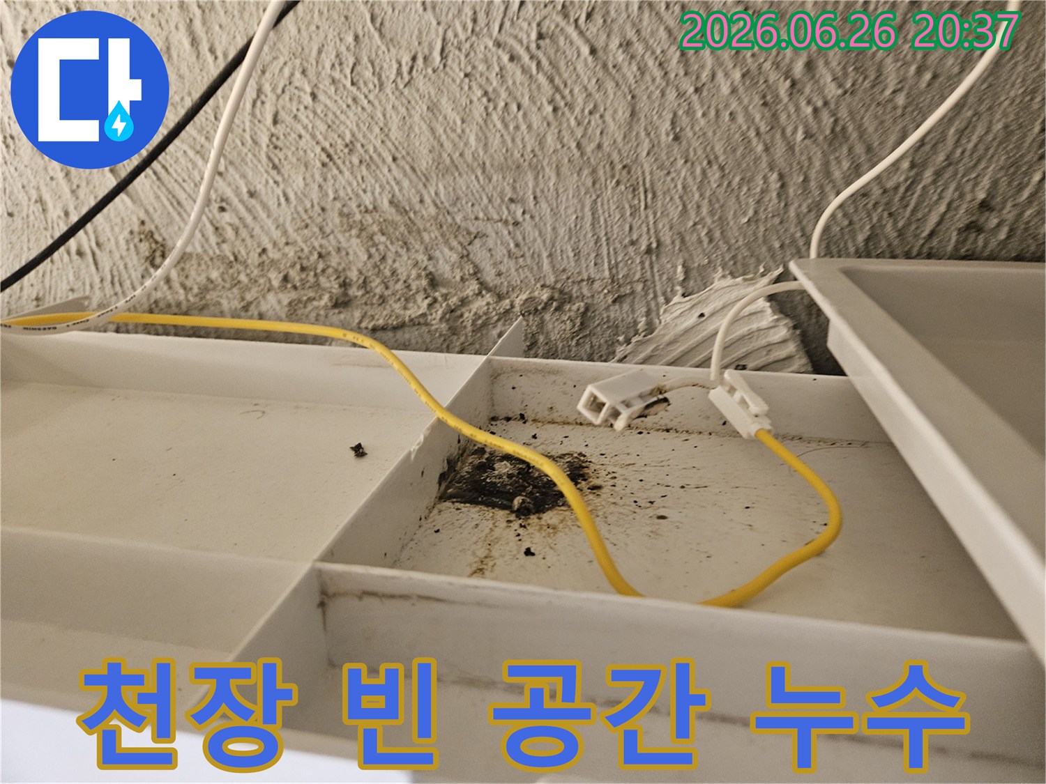 천장 내부의-빈 공간에서-발견된-물기 흔적과-오염된 전선-누수 현장