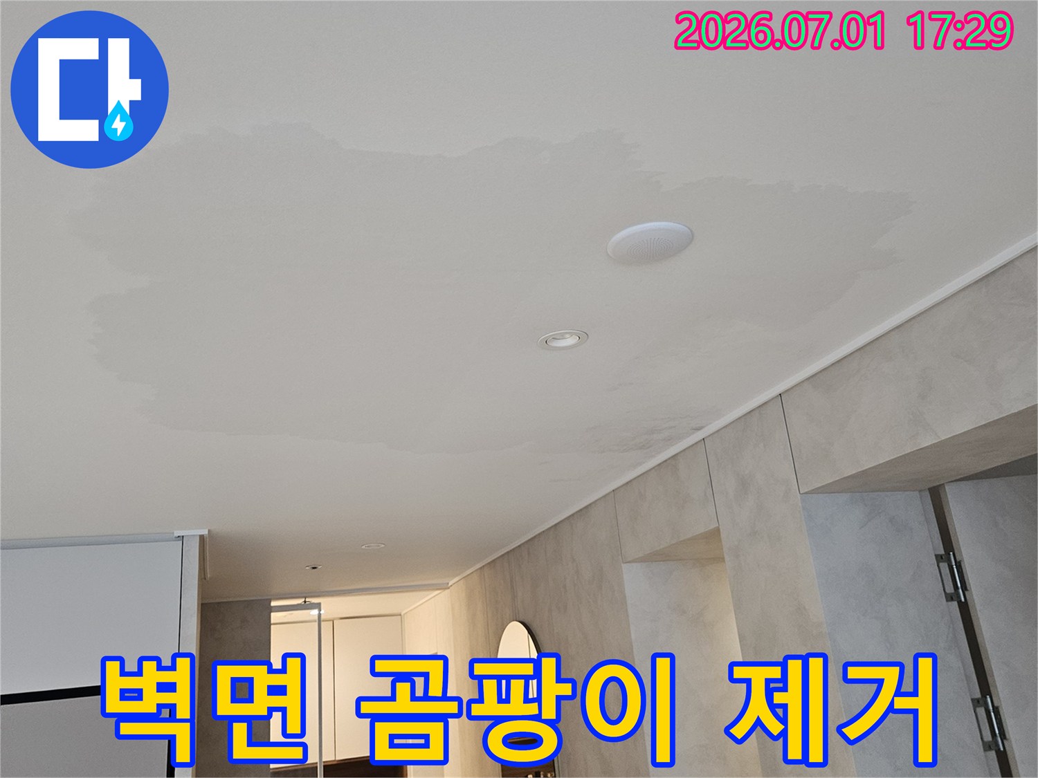 벽에 물이 새어들어 습기가 차오른 모습-곰팡이 제거 및 방지가 필요한 사진