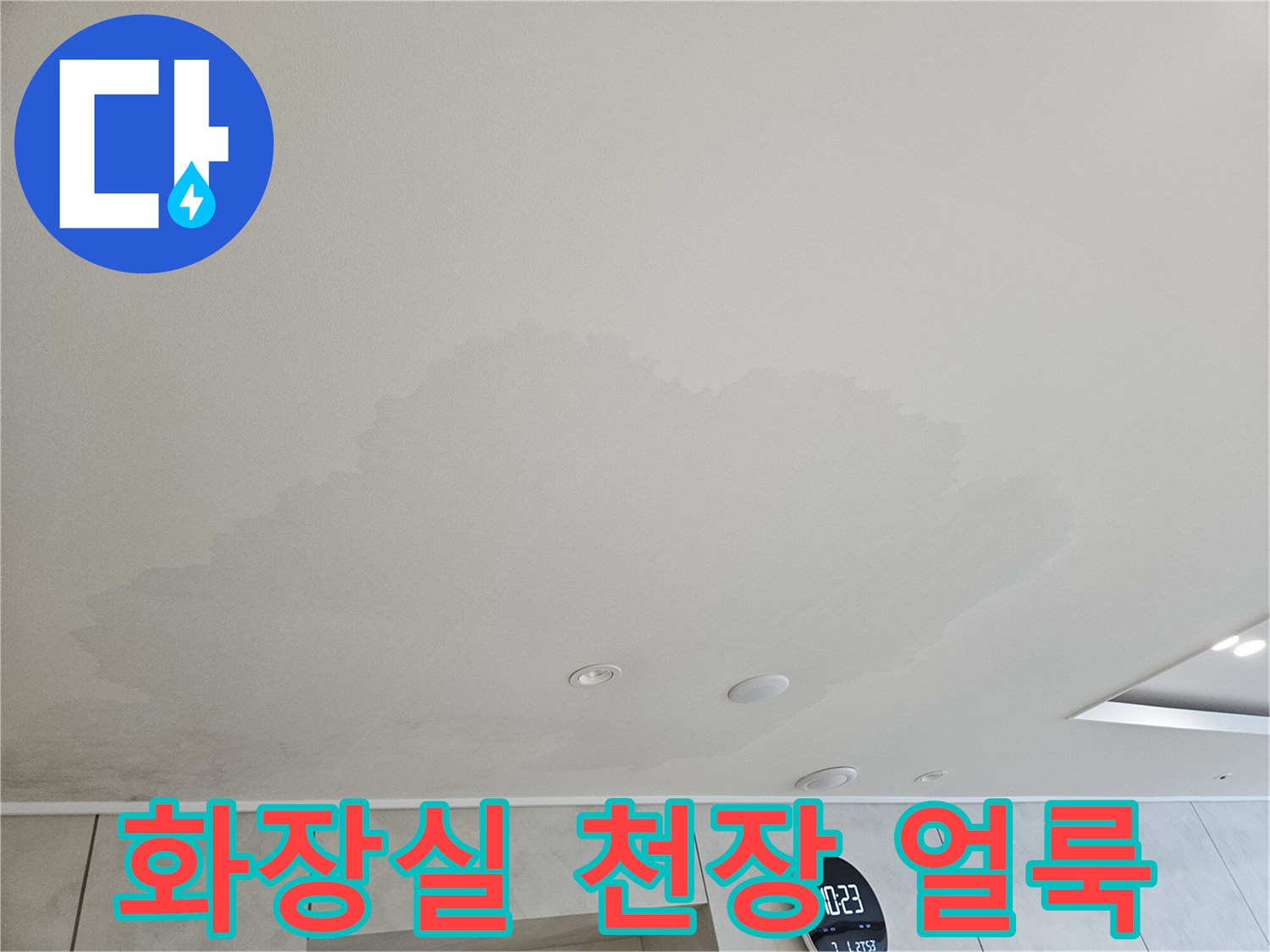 아랫집 화장실 천장 타일 부위에 발생한 넓은 물얼룩 현상