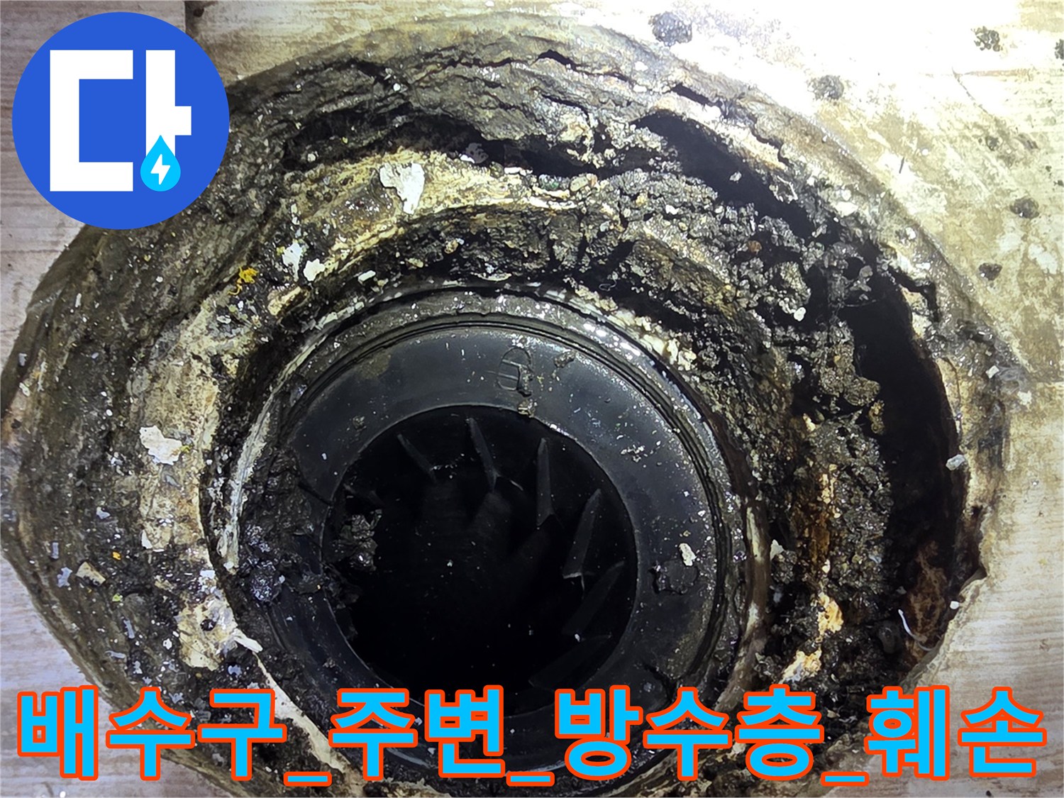 세탁실 유가 주변의 부식된 방수재와 틈새 상태