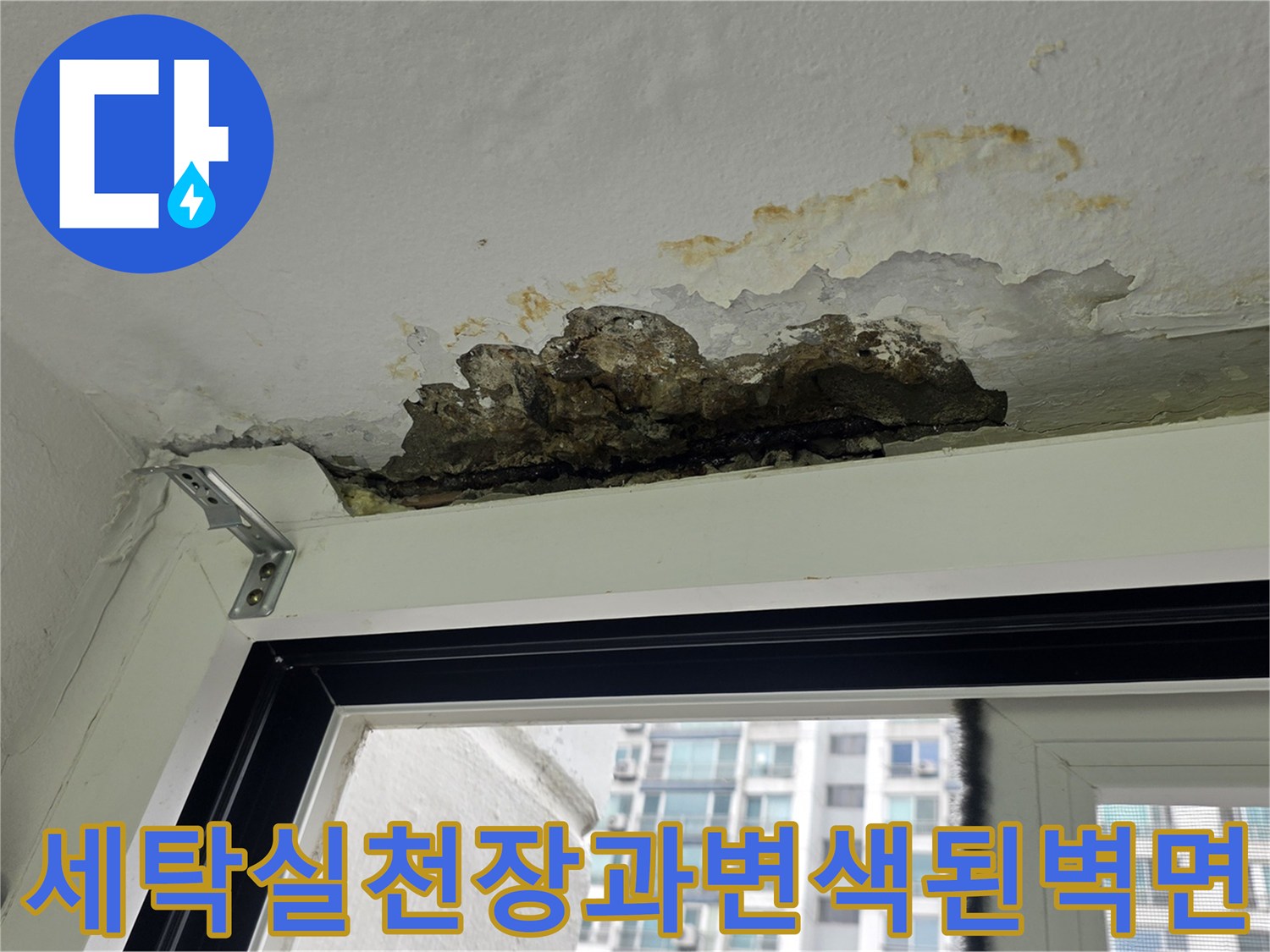 세탁실 천장 마감재가 젖어 변색되고 부식된 모습