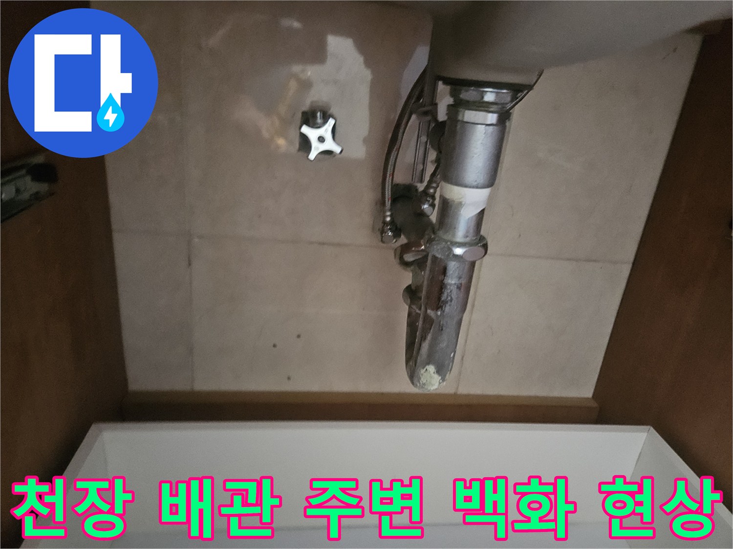 배관 연결 부위와 콘크리트 벽면에 나타난 누수 흔적과 백화 현상