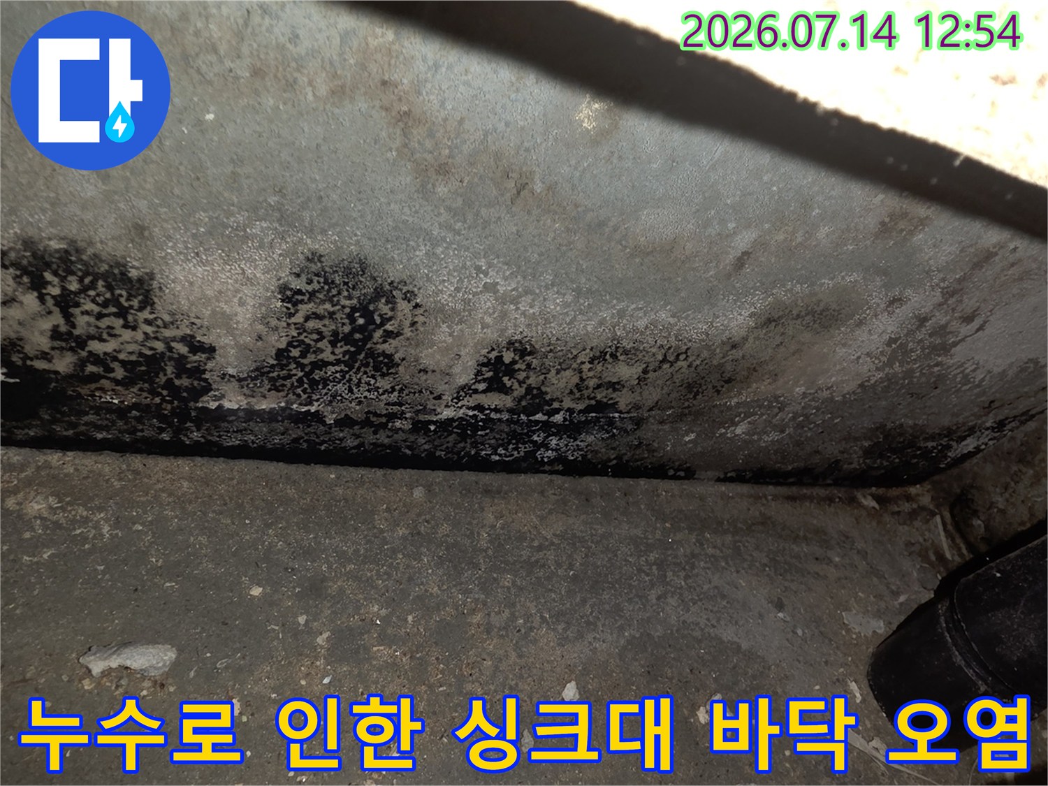 싱크대 하부 공간에서 확인된 배관 주변 누수 흔적과 곰팡이