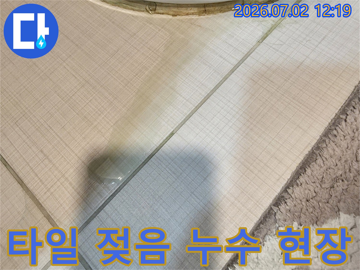 화장실 바닥에 물이 흥건하게 고여-변기에서 시작된 누수를-시각적으로 보여주는 이미지입니다.