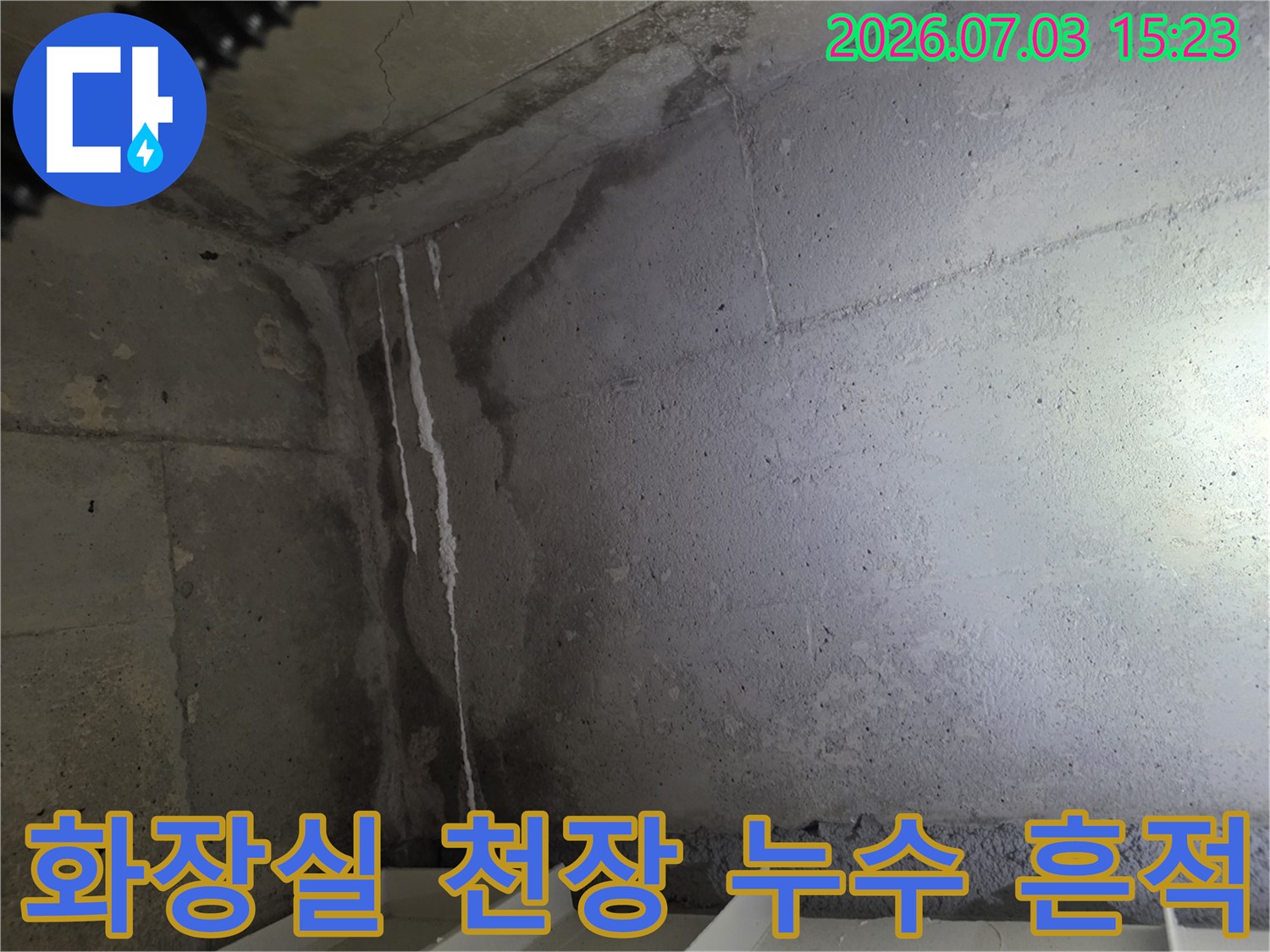 천장 콘크리트 면에 하얗게 굳은 석회질과 물이 스며든 자국이 선명한 현장 사진
