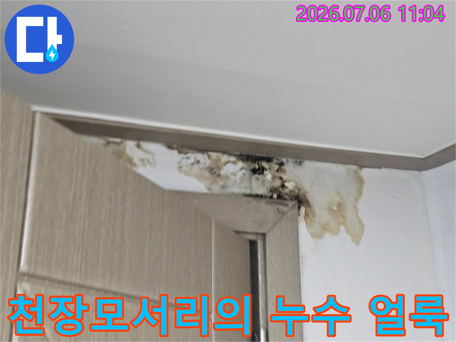지하층 천장과 벽면의 경계 부위에 발생한 다량의 누수 흔적