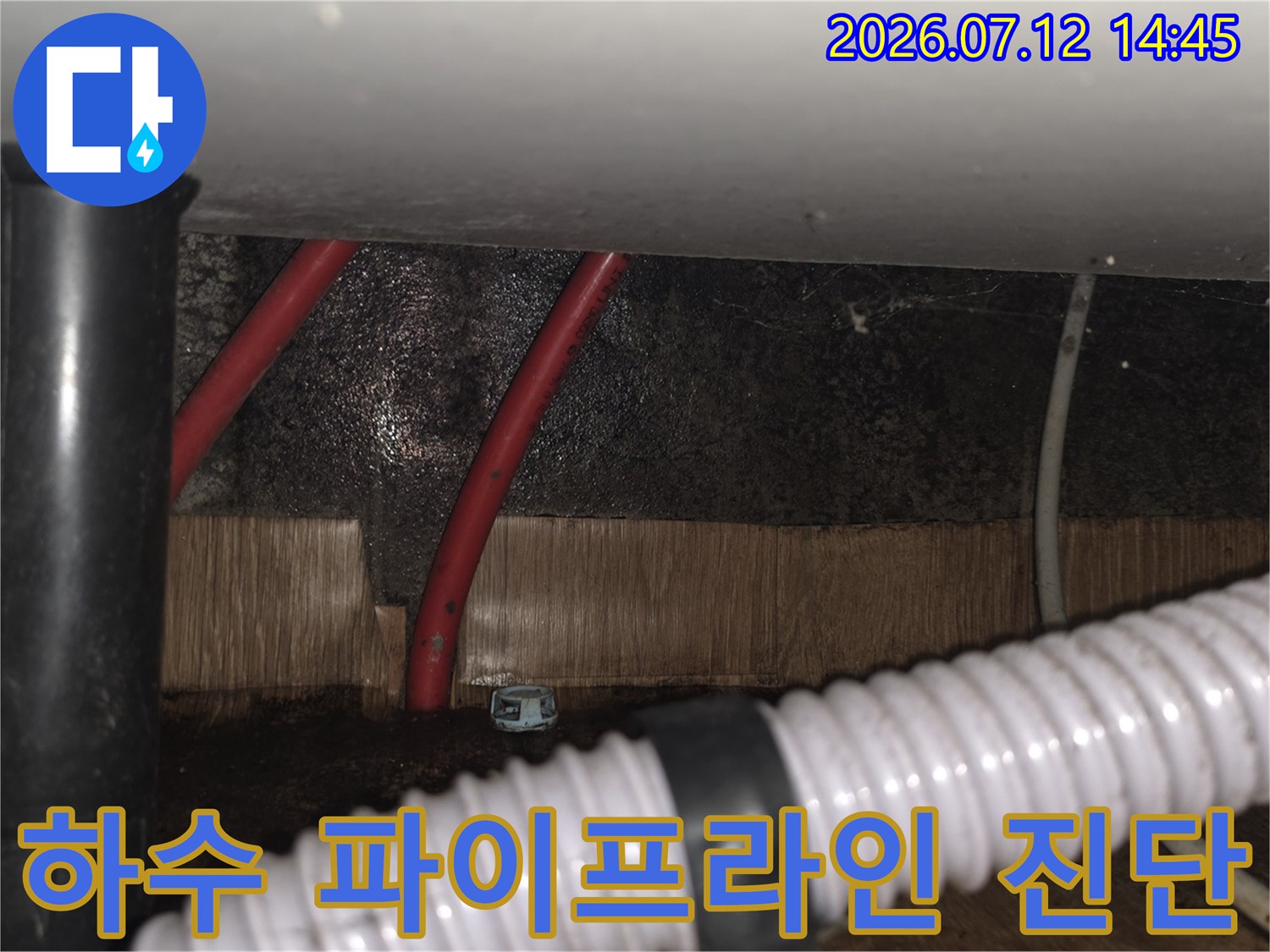 싱크대 하부 배관의 구조와 연결 상태를 면밀히 조사하는 모습입니다.
