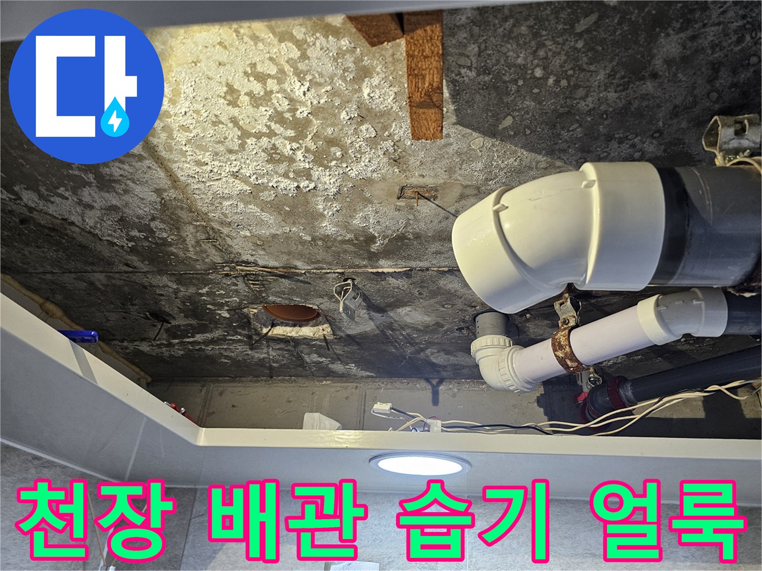 하얗게 변색된 천장 슬래브와 하수도 배관의 결합 부위 모습