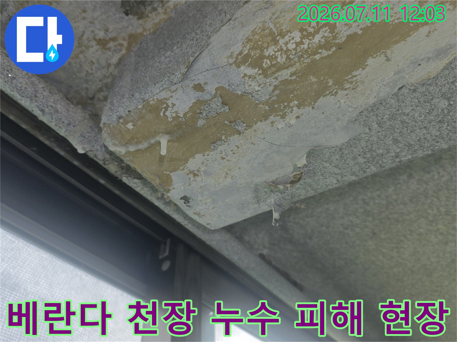 콘크리트 슬래브가 노출되고 습기로 인해 마감재가 탈락한 베란다 천장 모습