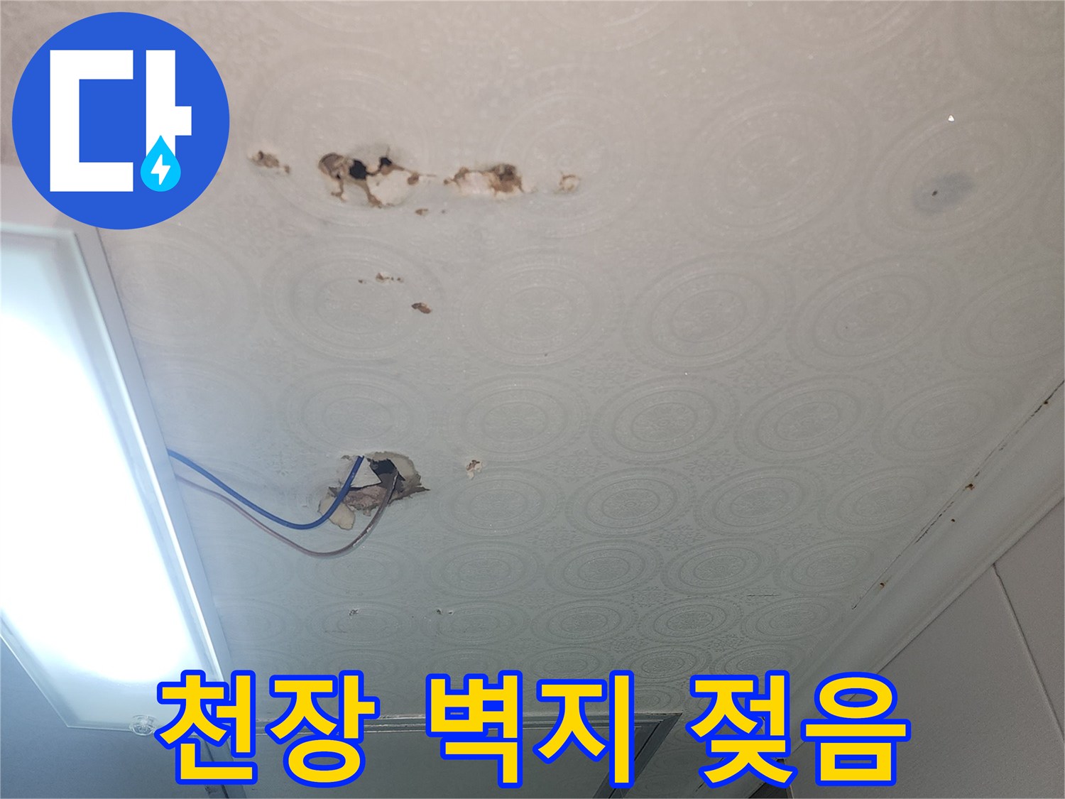 누수로 인해 젖고 손상된 화장실 천장 마감재