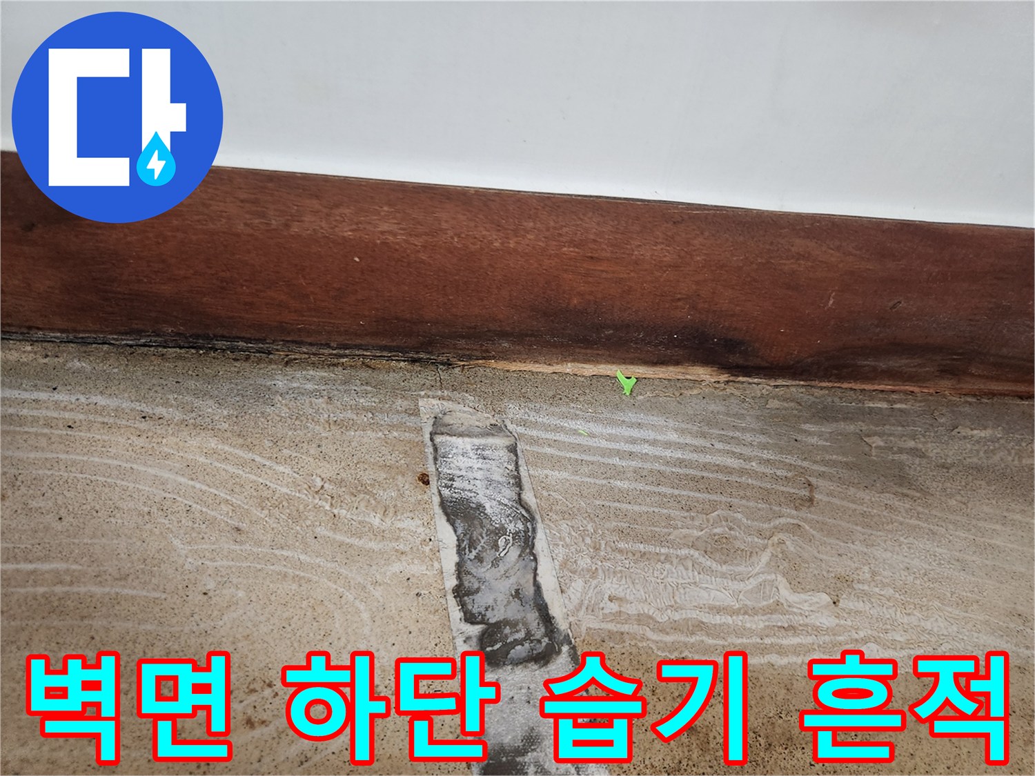 용인 운학동 빌라-벽면 하단부의 짙은 습기 자국과 변색된 상태를 보여줍니다