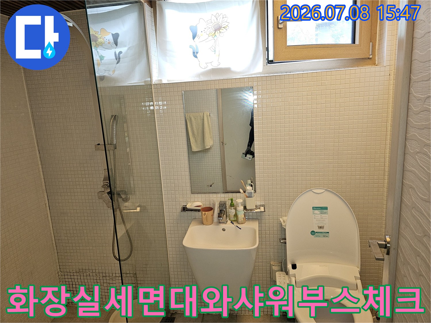 화장실 세면대 하부 배관과 샤워 부스 공간 점검 현장