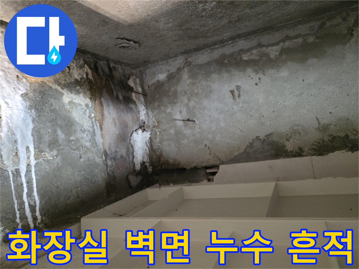 물샘 현상이 발생한-습기로 인해 얼룩진-화장실 벽면 모습