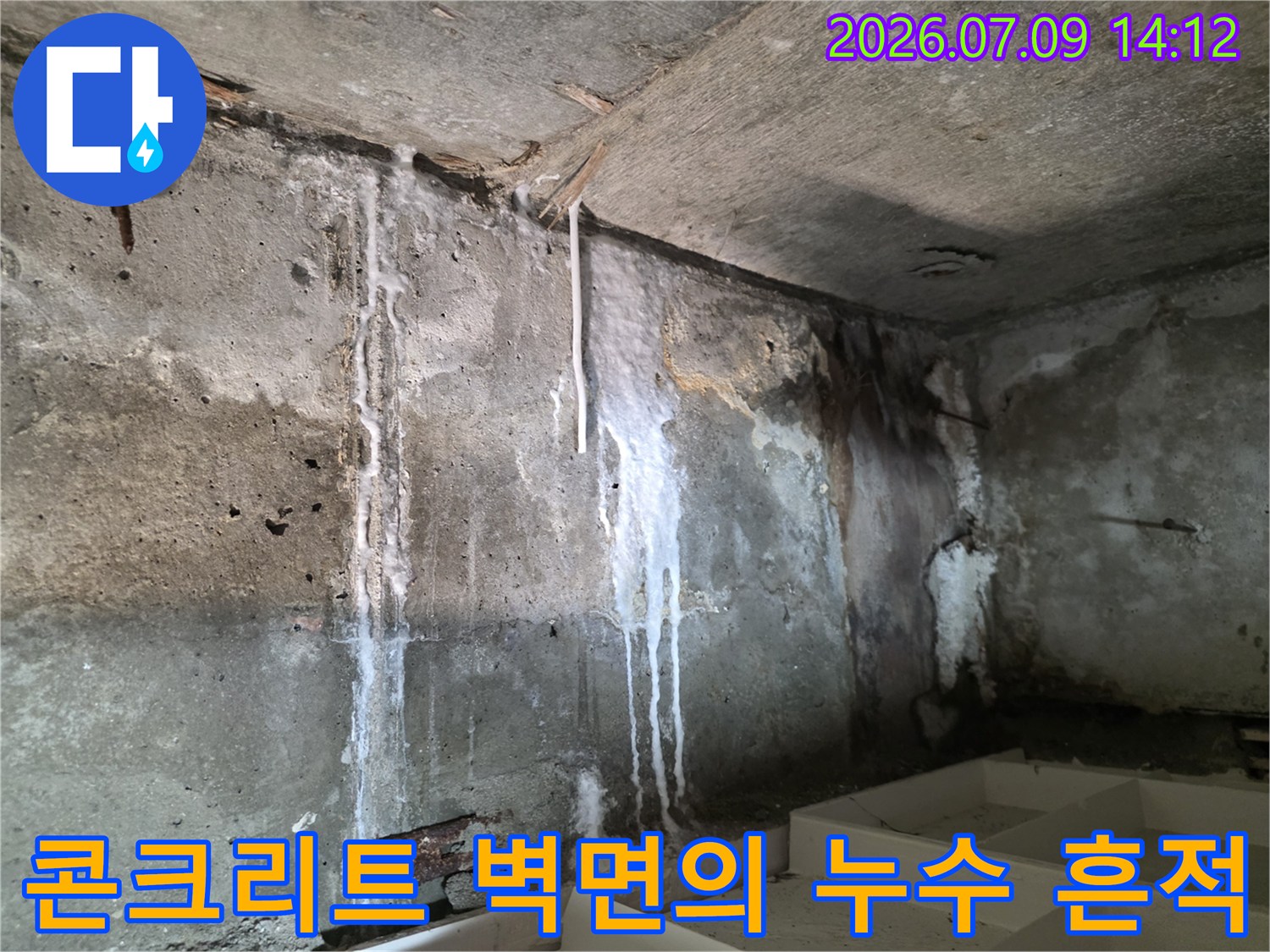 상부에서 유입된 물이 굳어 형성된 하얀색 석회 자국이 가득한 천장벽