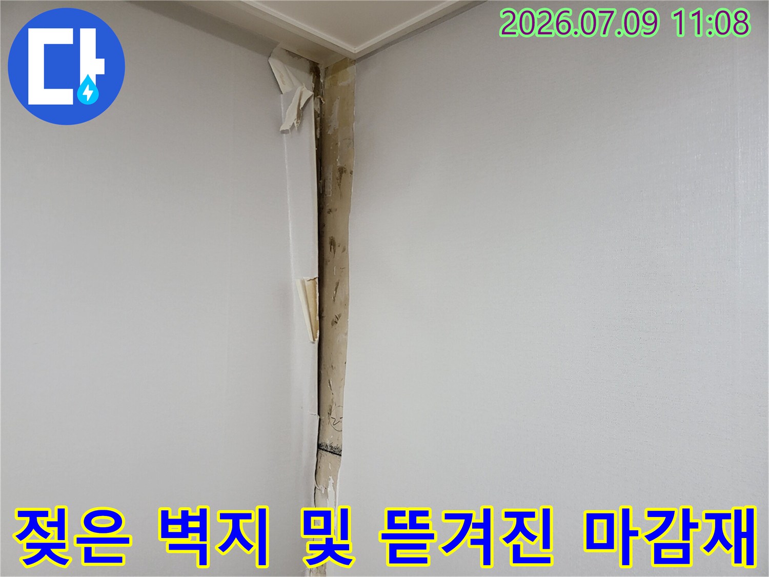 빗물 유입으로 인해 손상된 벽면과 노출된 내부 구조체