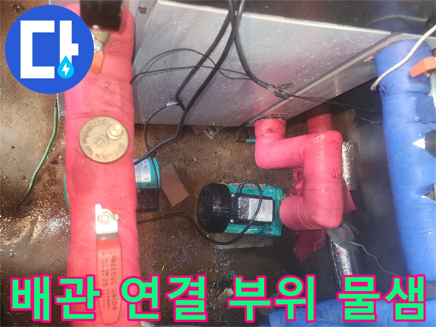 분홍색 보온재 배관 - 펌프 주변의 침수 및 누수 현장 확인