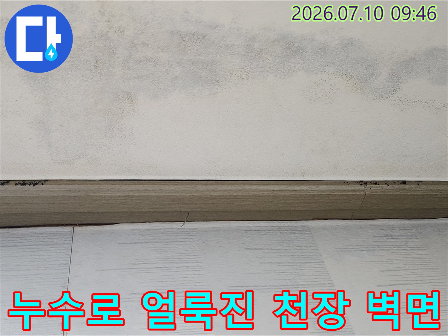 누수로 인해 변색되고 곰팡이가 발생한 아파트 천장 벽면의 모습