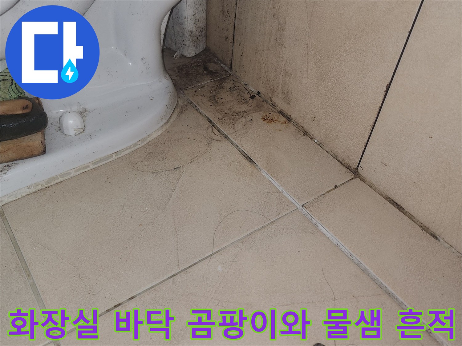 인천 연수구 화장실 타일 사이의 곰팡이와 오염된 줄눈 상태를 보여주는 사진입니다.